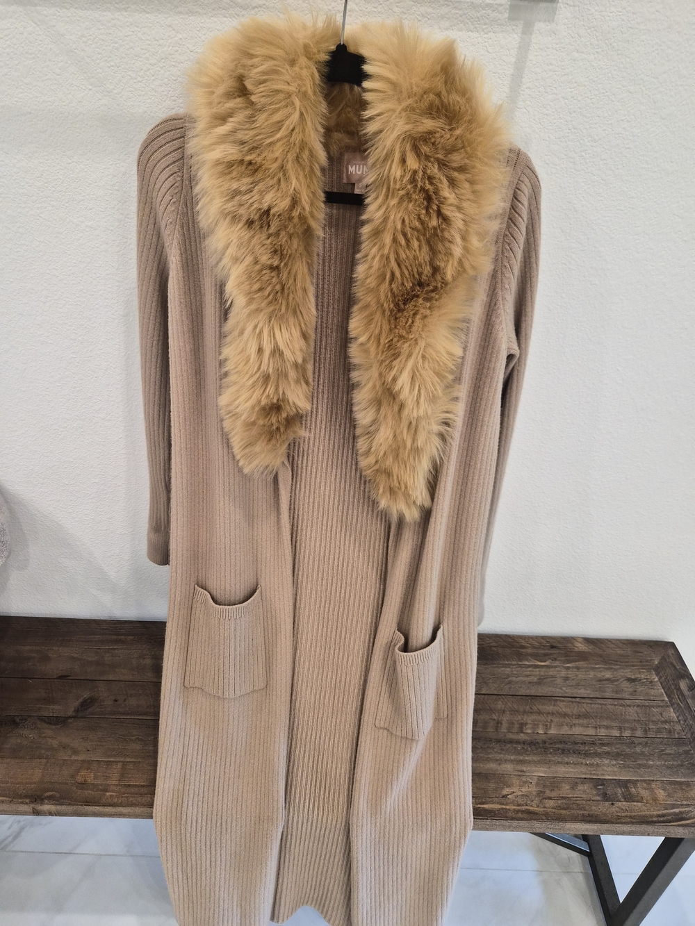 Show Me Your MuMu Tan Ribbed Long Cardigan with Faux Fur Collar